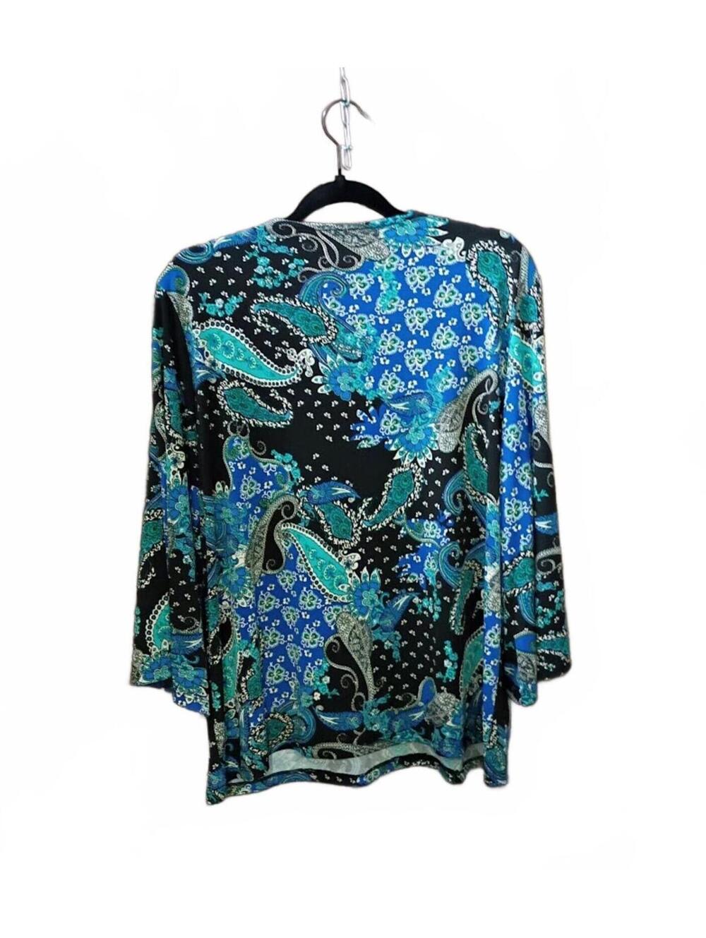 Blue Black Paisley Print Long Sleeve Blouse Plus Size 1X - Picture 2 of 2